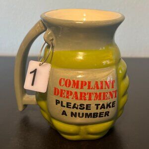 BIG MOUTH.Hand Grenade Shaped COMPLAINT DEPARTMENT "Take a Number" Novelty Mug